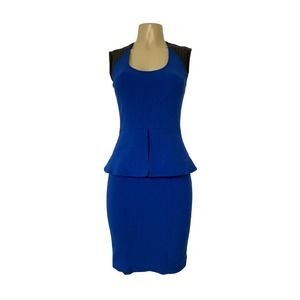 Yigal Azrouel Dress Peplum Blue Black Leather Trim Sleeveless U Neck Bac…